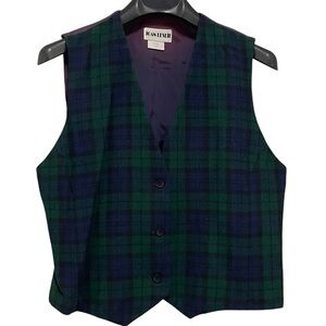 Vintage Joan Leslie Blue Green Purple Plaid Wool Blend Button V Neck Vest Large